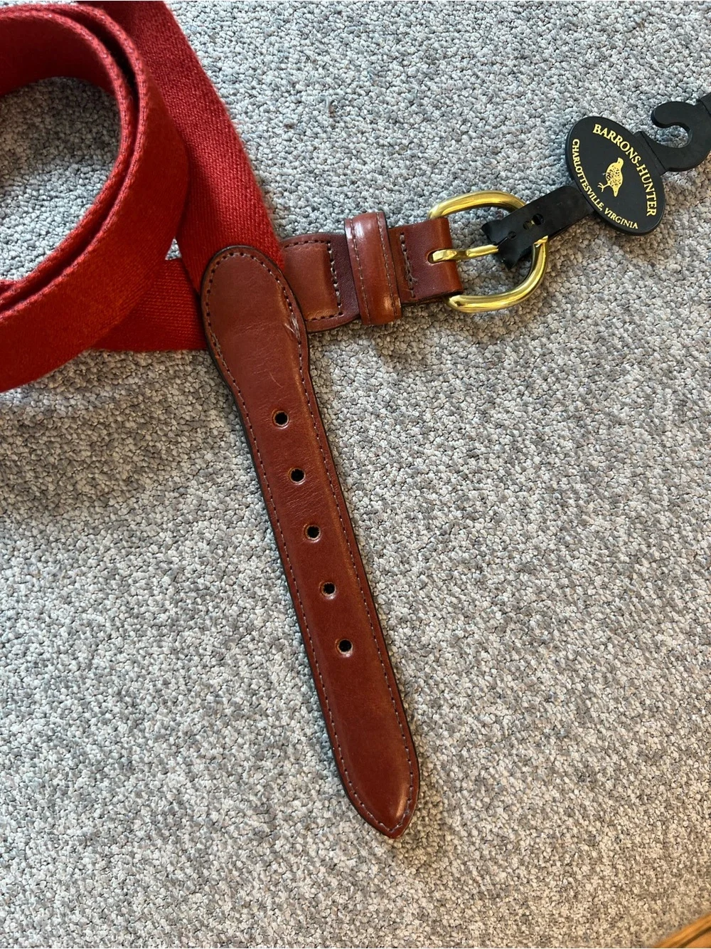 Barrons Hunter Red Canvas Belt with Leather Trim and Gold Buckle